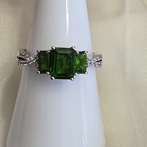Lab Created Emerald, Zircon Sterling Silver Ring Size 8